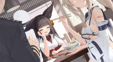2girls animal ears anthropomorphism ayanami (azur lane) azur lane bandaid black hair blush breasts brown hair commander (azur lane) dalian (artist) food foxgirl long hair male nagato (azur lane) no bra ponytail sideboob underboob