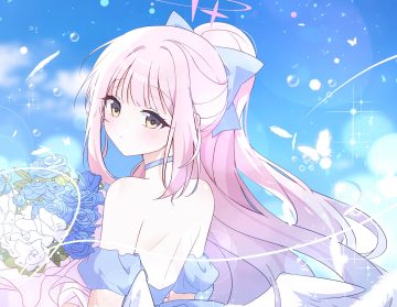 aliasing blue archive blush bow bubbles butterfly choker close clouds feathers flowers halo long hair misono mika pink hair ponytail rose seno (senohime) sky wings yellow eyes