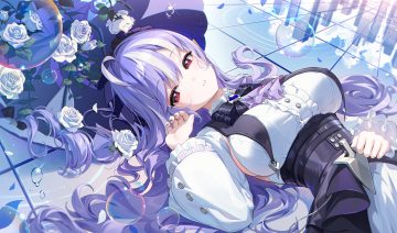 aliasing bow breasts bubbles building clouds corset dress flowers goth-loli headdress houkisei lolita fashion long hair pointed ears purple hair red eyes reflection rose sideboob umbrella vivian banshee zenless zone zero