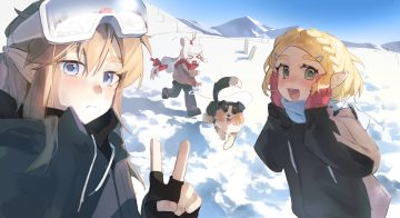 2girls animal blonde hair blue eyes blush braids close crossover dog gloves goggles green eyes hood kirby kirby (character) link (zelda) male paya (zelda) pointed ears princess zelda reflection scarf short hair sketch sky snow the legend of zelda white hair yumiyumo3o
