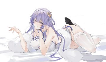 anthropomorphism azur lane breasts chinese clothes chinese dress dress flantia garter belt long hair purple eyes purple hair rodney (azur lane) sketch stockings white