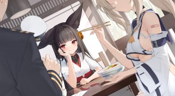 2girls animal ears anthropomorphism ayanami (azur lane) azur lane bandaid black hair blush breasts brown hair commander (azur lane) dalian (artist) food foxgirl long hair male nagato (azur lane) no bra ponytail red eyes sideboob underboob