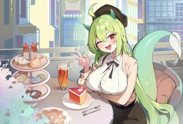 blush bow breast hold breasts building cake city drink fang food fruit garam (ryeoubi) green hair horns long hair original red eyes shirt skirt strawberry tagme (artist) tail wink