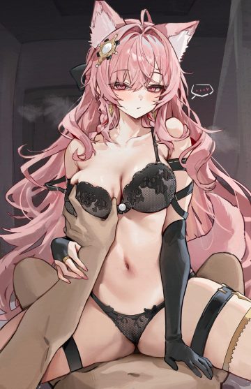 gompang 11 arknights pozyomka (arknights) animal ears bra breast grab garter pantsu stockings tail thighhighs thong