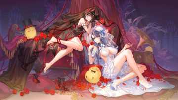 2girls animal anthropomorphism atdan azur lane barefoot bird black hair blue hair breasts cleavage couch demon dress flowers gloves hat headdress horns leaves long hair manjuu (azur lane) noshiro (azur lane) purple eyes ribbons rose sideboob signed trafalgar (azur lane) wristwear yellow eyes