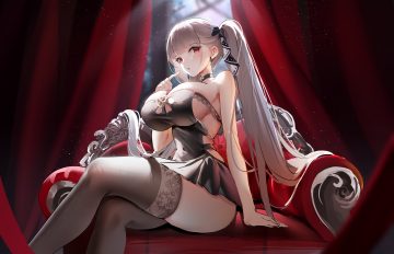 anthropomorphism azur lane blush breasts choker cleavage couch dress formidable (azur lane) gray hair long hair red eyes sketch suencaidi2008 thighhighs twintails