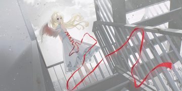 angel barefoot black eyes blonde hair building chihuri405 clouds dress original ribbons sky stairs summer dress wings