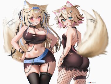 2girls animal ears aqua eyes ass blonde hair blush breasts cat smile chain cleavage collar doggirl fuwawa abyssgard garter garter belt headband hololive long hair mococo abyssgard navel no bra pink eyes rosebell short hair skintight skirt stockings tail thighhighs torn clothes twins watermark white wristwear zettai ryouiki
