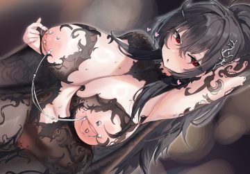 black hair blush breasts heart long hair navel nipples original ponytail pussy pussy juice red eyes see through tagme (artist) uncensored wet