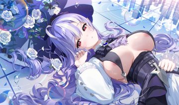 aliasing bow breasts bubbles building clouds corset dress flowers goth-loli headdress houkisei lolita fashion long hair no bra pointed ears purple hair red eyes reflection rose umbrella vivian banshee zenless zone zero