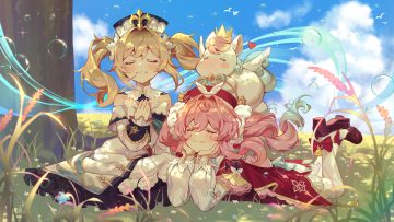 2girls animal barbara pegg bell blonde hair blush bow bubbles crossover crown dress flowers genshin impact grass headdress heart honkai (series) honkai: star rail horse hyacine (honkai: star rail) ice s s z little ica (honkai: star rail) long hair pantyhose pegasus pink hair shade tree twintails