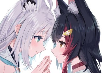 2girls animal ears aqua eyes black hair blush choker close foxgirl gray hair hololive hood long hair ookami mio orange eyes shirakami fubuki shoujo ai togemaru34 white wolfgirl