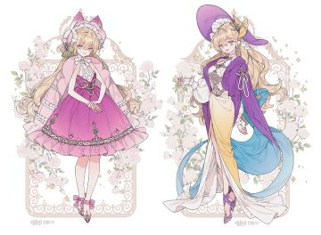 2girls blonde hair blue eyes bow cape dress flowers headdress lemon89h long hair original rose signed white