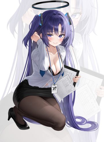 hsxxx blue archive hayase yuuka bra dress shirt halo heels open shirt pantyhose skirt lift