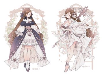 2girls angel animal ears black eyes bow breasts brown hair chain cleavage corset dress eyepatch flowers goth-loli halo lemon89h lolita fashion long hair original signed socks staff white wings wink