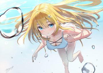 ass barefoot blonde hair blue eyes breasts bubbles cleavage close long hair may9 original signed swimsuit underwater water