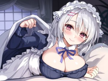 aliasing bed blush breasts cleavage headdress ikura nagisa maid original pink eyes short hair