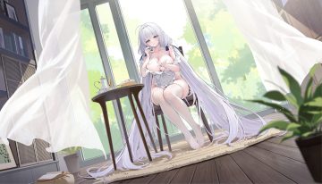 anthropomorphism apron azur lane blue eyes book bow breasts cake cleavage drink food fruit gray hair illustrious (azur lane) leaves long hair naked apron see through strawberry tagme (artist) thighhighs tree