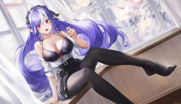 bra breasts cleavage headdress long hair open shirt pantyhose pointed ears purple hair red eyes shirt signed skirt swkl:d underwear vivian banshee zenless zone zero