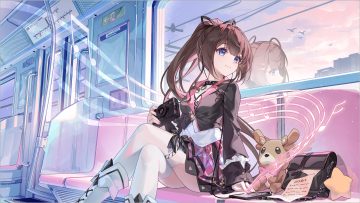 blue eyes boots brown hair building camera clouds collar doll garter headphones long hair music paper ponytail qianze chia reflection shirt skirt sky tagme (character) thighhighs train