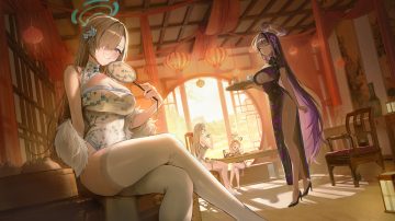 black hair blue archive blue eyes breasts brown hair chinese clothes chinese dress cleavage dark skin dress drink fan food garter glasses group halo ichinose asuna kakudate karin long hair mikamo neru murokasa akane orange hair pibag short hair thighhighs yellow eyes