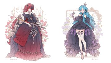 2girls aqua hair crown dress elbow gloves flat chest flowers garter gloves goth-loli headdress lemon89h lolita fashion long hair original red eyes red hair rose signed sword weapon white
