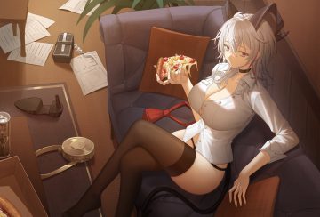 breasts choker cleavage couch dalmo (pafe2444) drink food gray hair horns no bra open shirt panties paper pizza red eyes shirt short hair tail thighhighs underwear wuthering waves zani (wuthering waves)