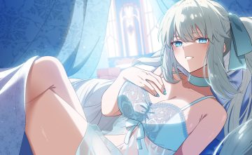 bed blue eyes blush bow breast hold breasts choker cleavage close fate/grand order fate (series) kpaoi long hair morgan le fay (fate) navel pajamas ponytail see through