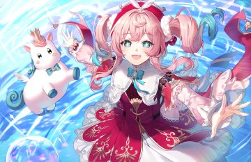 aile (crossroads) animal aqua eyes blush bow bubbles crown dress fang hat honkai (series) honkai: star rail horse hyacine (honkai: star rail) little ica (honkai: star rail) long hair pegasus pink hair twintails water