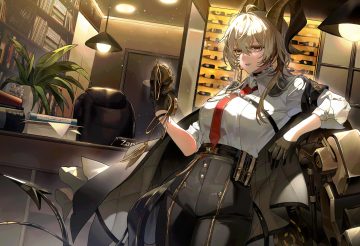 book cape choker drink fsuusux gloves gray hair horns paper red eyes shirt tail tie wuthering waves zani (wuthering waves)