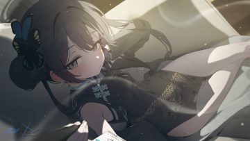 black hair blue archive blush chinese clothes chinese dress close dress gloves gray eyes halo loli long hair ryuuge kisaki sushispin twintails watermark