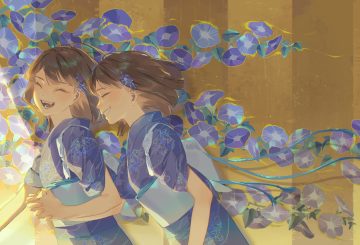 2girls brown hair fang flowers japanese clothes kimono original short hair umi (umi04787030)
