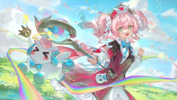 animal bow bubbles clouds crown dress grass green eyes gugu (mirukai) headdress honkai (series) honkai: star rail horse hyacine (honkai: star rail) little ica (honkai: star rail) long hair pegasus petals pink hair rainbow sky twintails wand