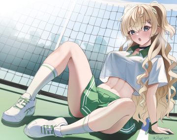 anthropomorphism blonde hair blue eyes bra choker dimos (dawn 1945) kantai collection kneehighs long hair minneapolis (kancolle) navel see through signed skirt sport spread legs tennis twintails underwear wet wristwear