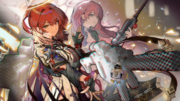 2girls arknights exusiai (arknights) gloves gun halo lemuen (arknights) long hair lonki pink eyes pink hair red hair short hair sketch the emperor (arknights) weapon wings yellow eyes