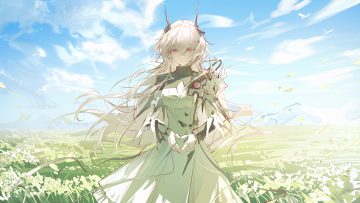 arknights clouds dress grass gray hair horns long hair luozhou pile pink eyes sketch sky theresa (arknights)