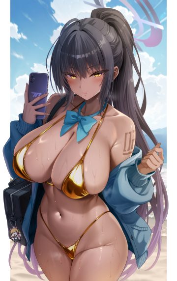 oni-noboru blue archive kakudate karin bikini halo open shirt selfie sweater swimsuits tattoo thong wet