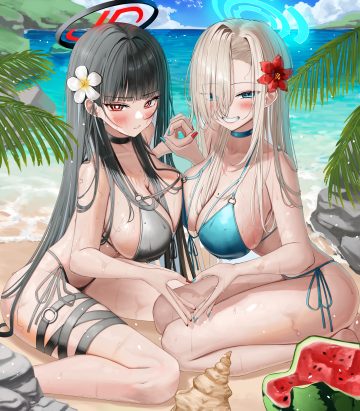 hsxxx blue archive ichinose asuna tsukatsuki rio bikini garter halo swimsuits symmetrical docking wet