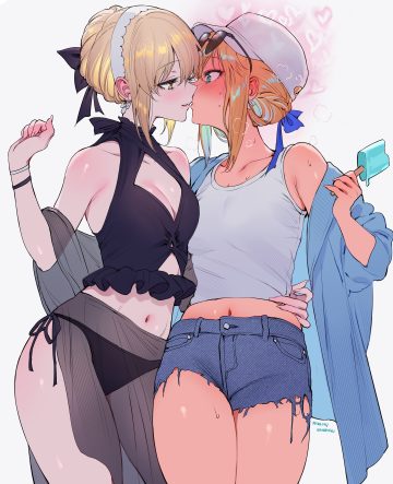qiandaiyiyu fate/grand order artoria pendragon (fate) artoria pendragon alter (fate) bikini megane see through swimsuits torn clothes wet yuri