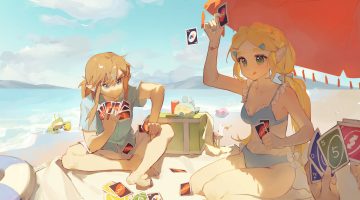 animal barefoot beach bikini bird blonde hair blue eyes bow braids brown hair crab crossover green eyes kirby kirby (character) link (zelda) male pointed ears ponytail princess zelda shade shorts sketch swim ring swimsuit the legend of zelda twintails umbrella water yumiyumo3o