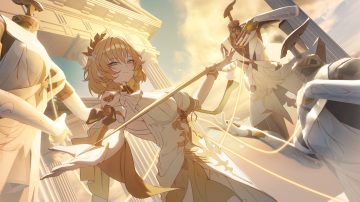 3d aglaea (honkai: star rail) blonde hair clouds dress green eyes headdress honkai (series) honkai: star rail magic short hair sketch sky sunset sword weapon wristwear yuyiosang