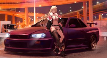 blonde hair boots braids breasts car choker cleavage garter gloves jpeg artifacts kcar66t long hair navel night open shirt original red eyes shorts thighhighs