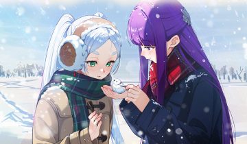 2girls animal bird blush close earmuffs fern (sousou no frieren) frieren gray hair green eyes long hair oichida purple eyes purple hair scarf sky snow sousou no frieren twintails winter
