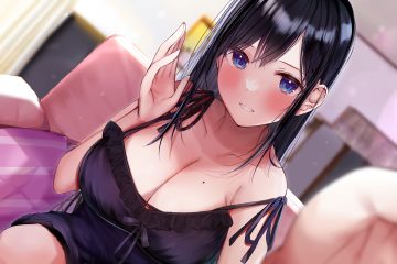 black hair blue eyes blush breasts cleavage close couch long hair no bra original rouka (akatyann)