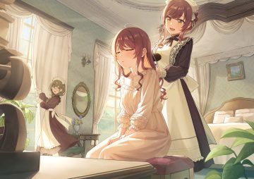 aliasing apron bed blush brown eyes brown hair dress flowers glasses headdress idolmaster idolmaster shiny colors kurageso kuwayama chiyuki long hair maid oosaki amana oosaki tenka pajamas ponytail twins yellow eyes