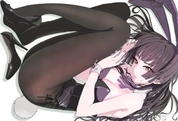animal ears atari (eurf8445) black hair blush bow breasts bunny ears bunnygirl cleavage headband idolmaster idolmaster shiny colors leotard long hair mayuzumi fuyuko pantyhose tail wristwear yellow eyes