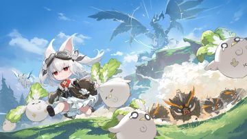 animal animal ears azur promilia bird bloomers bow chibi clouds corset dragon dress goggles goth-loli grass lolita fashion long hair nono (azur promilia) red eyes sky tagme (artist) twintails white hair