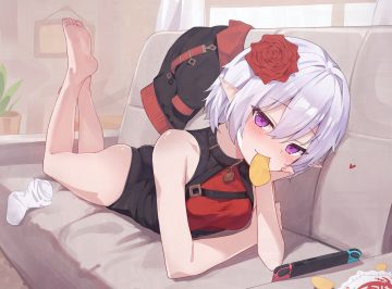 ass barefoot bitseon blush collar couch food game console gray hair heart leotard original pointed ears purple eyes short hair