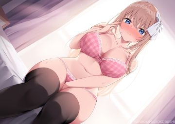 bed blonde hair blue eyes blush bow bra breasts cleavage long hair navel nekokobushi original panties ribbonko-chan thighhighs underwear watermark