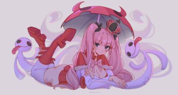 ass bandaid black eyes boots bow breasts cape cleavage crown long hair nopan one piece perona pink hair shellvi skirt thighhighs twintails umbrella watermark